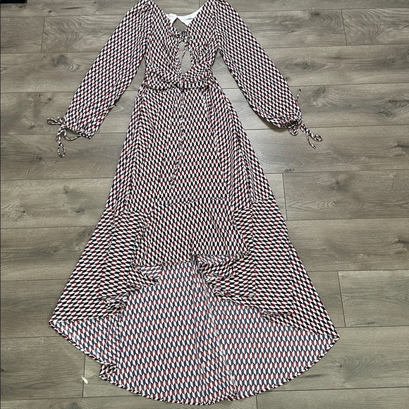 Mulla High Low Ruffle Cut Out Maxi‎ Dress Red Black Geometric Size Medium - Picture 8 of 16